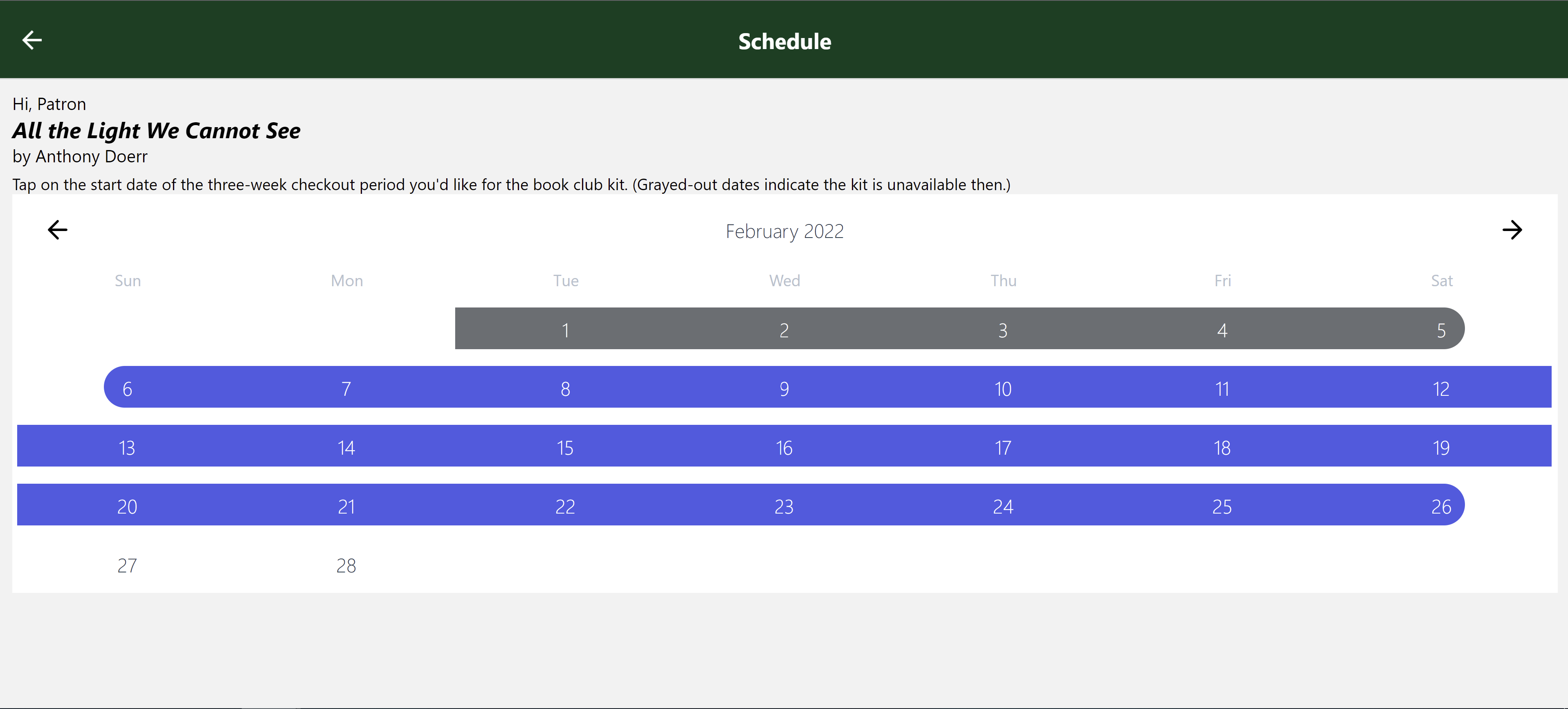 February 2022 calendar showing existing reservation in gray and user-chosen reservation in purple